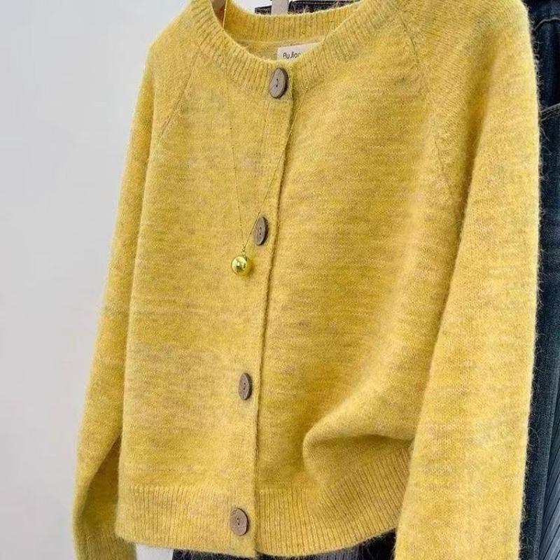 

Премиальный мягкий восковой желтый вязаный кардиган куртка женский осенне-зимний свободный короткий маленький ленивый свитер с длинными рукавами 2XL/120-135 жёлтый