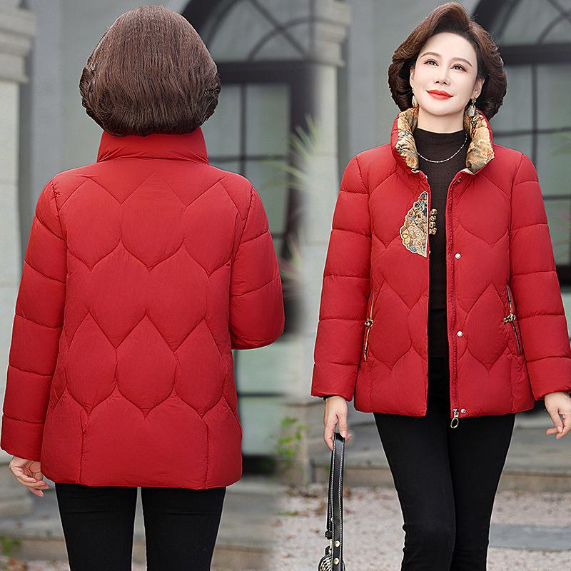 Mom's Stylish Down-Padded Cotton Jacket for Autumn/Winter - High-Neck & Embroidered, Perfect for Middle-Aged and Elderly Women