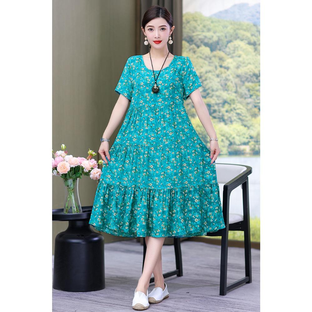 Summer Short-sleeved, Loose and Long Artificial Cotton Dress for Middle-aged and Elderly Women