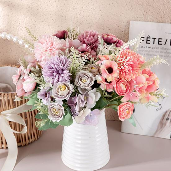 Artificial Mixed Flower Realistic Pan Weaving Tea Rose Chrysanthemum Silk Fake Bouquet for Wedding