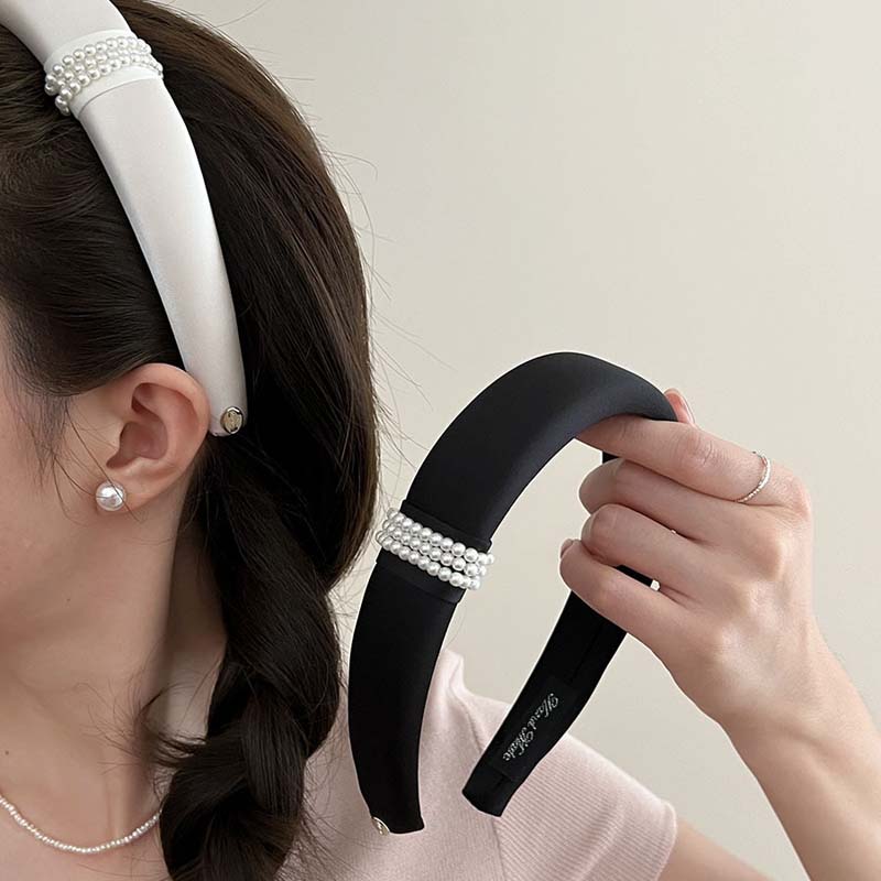 Korean Pearl Satin Headbands for Women Elegant Black White Wide Side Elastic Sponge Thick Headdress Wedding Hair Accessories