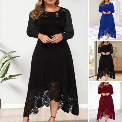 Women Dress Round Neck Long Sleeves Mid-Waist Irregular Hem Lace Stitching Elegant Temperament Solid Color Formal Dress Summer Wedding Party