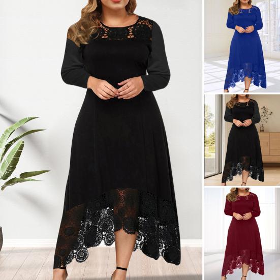 Women Dress Round Neck Long Sleeves Mid-Waist Irregular Hem Lace Stitching Elegant