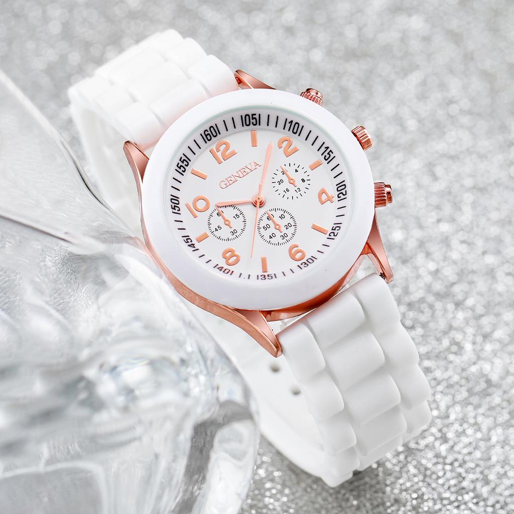 2PCs/Set Women Watch Twin Silicone Strap White Pink Watch Set