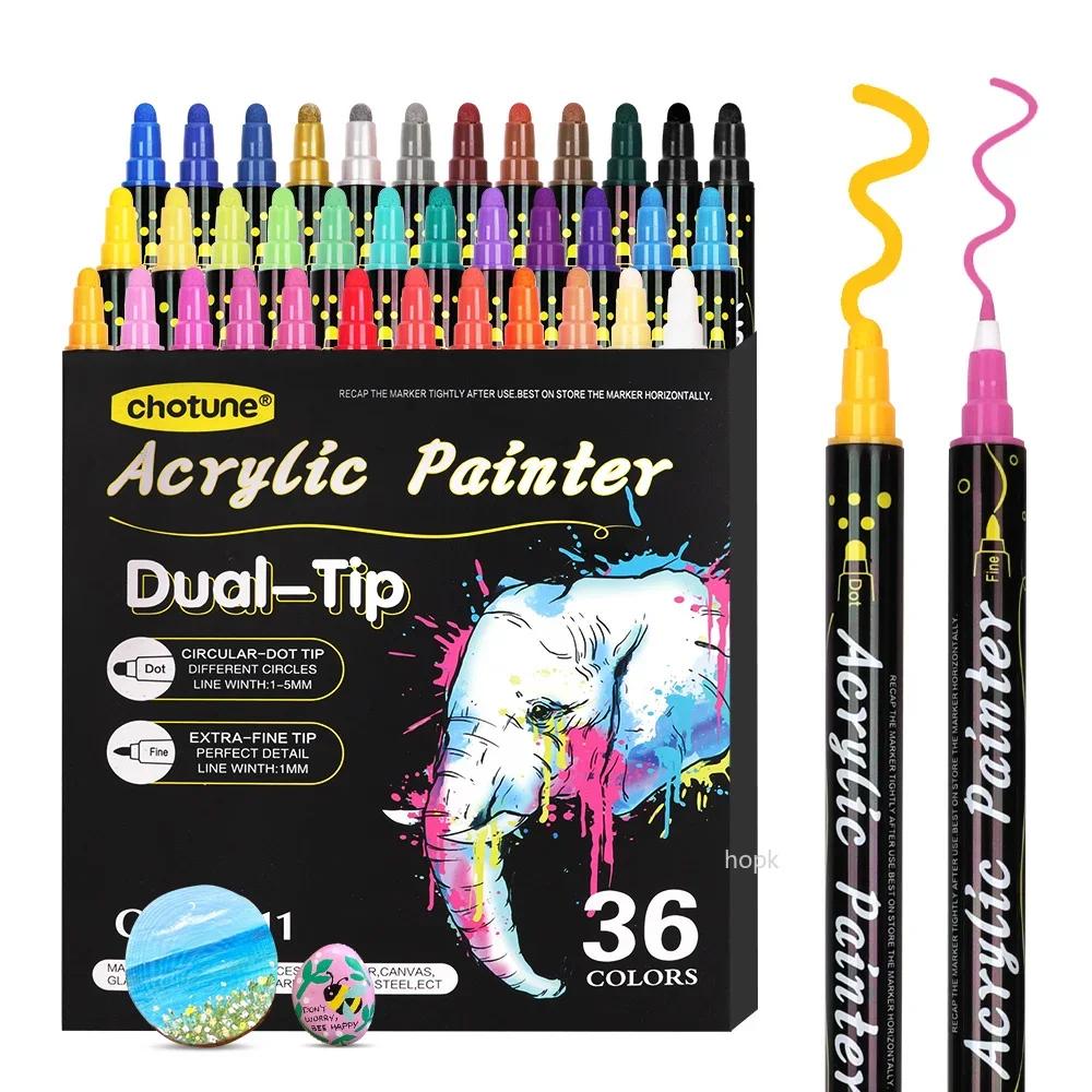 36 Colors Dual Tip Acrylic Pens Markers for Wood Stone Rock Painting Glass Ceramic Surfaces Student Stationery Supplies