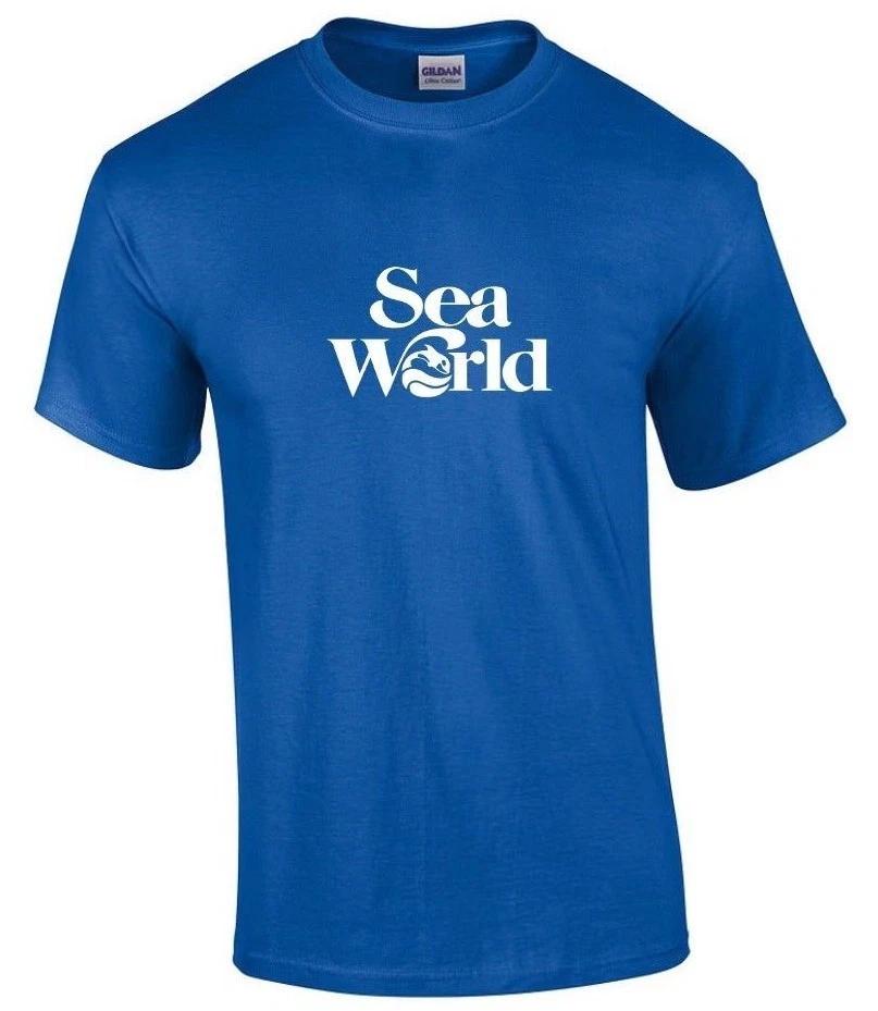 Sea World White Logo Cool Marine Animal Cool 80s 90s Royal Blue Cotton T-Shirt S