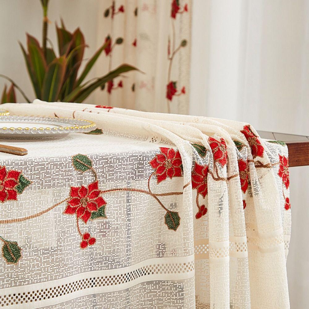 Flower Embroidery Table Cover Beige Table Runner Christmas Lace Tablecloth  Table Decorations