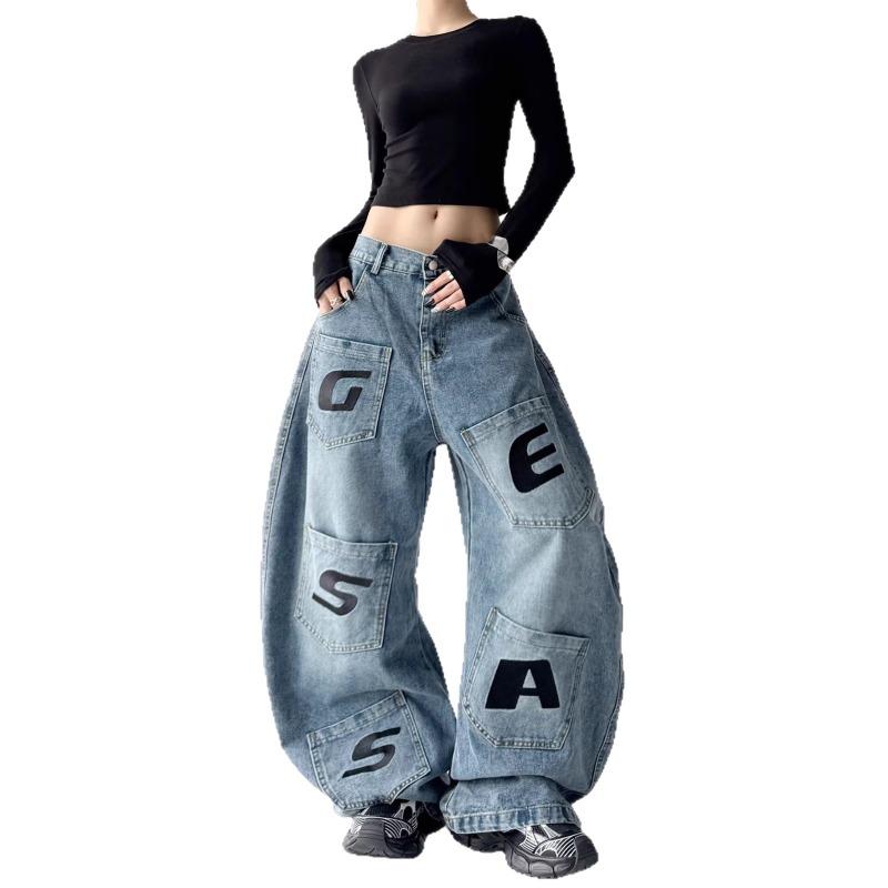 Vintage Washed Letter Print Multi-pocket Tooling Jeans Men's and Women's Loose Wide-leg Cutter Pants