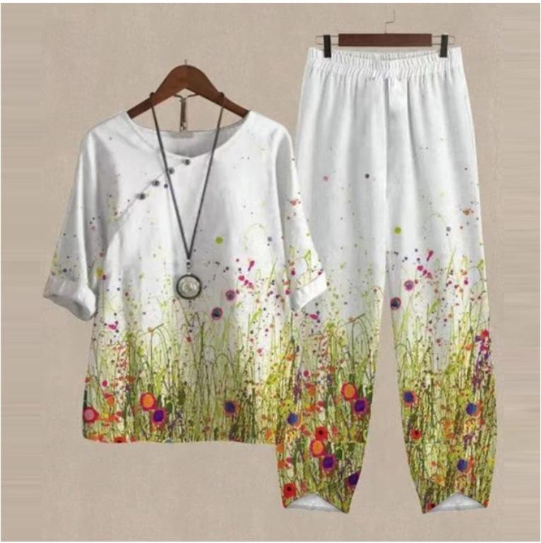 2023 Spring Women's Five-Sleeve Printed Top & Pants Set