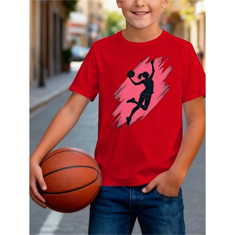 European sizes Boys' Basketball-Themed T-Shirt with Hoop Print & Numbered Jersey - Short Sleeve Round Neck Casual Top Suitable for Summer Wear