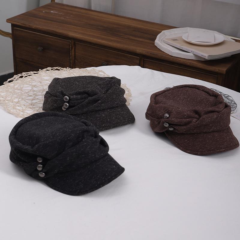 Retro Pleated Button Equestrian Hat Women's Autumn New Korean Version Versatile Face Small Octagonal Hat Casual Beret