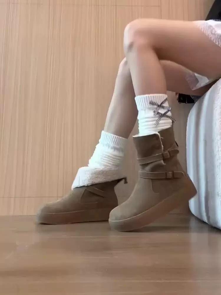 Thick-soled Outer Wear Velvet Snow Boots for Women's Autumn and Winter New Belt Buckle Non-slip Two Wear Heightening Western Boots Short Boots for 