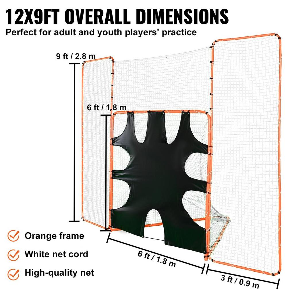 3-IN-1 Lacrosse Goal with Backstop and Target, 12' X 9' Lacrosse Net, Steel Frame Backyard Lacrosse Rebounder Equipment, Quick & Easy Setup Training