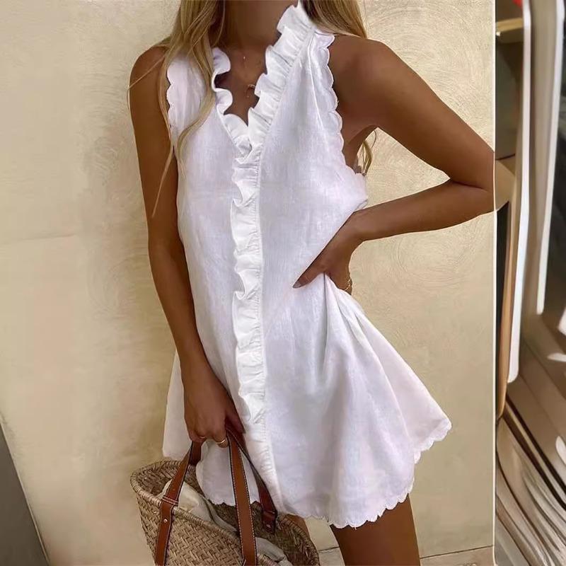 Fashion Summer Ruffled Sleeveless Casual Women Dress V Neck Solid Color Loose Simple Elegant Sweet A-line Party Short Dress Female Women's Clothing