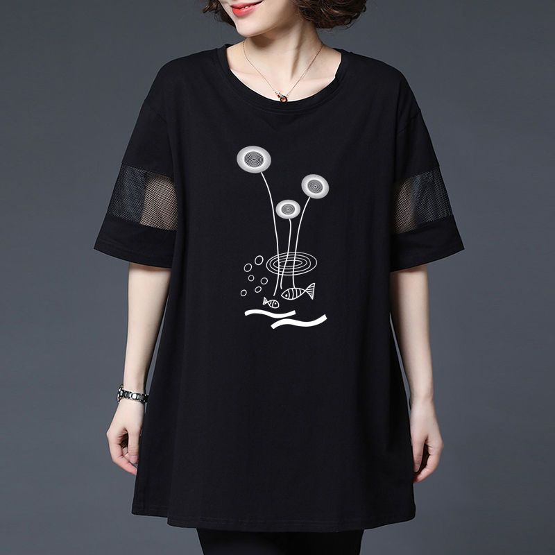 Mittleres und langes Oberteil zum Bedecken des Bauchs, kurzärmeliges Sommer-T-Shirt mit Netz-Patchwork für Mütter mittleren Alters und lockeres, großes, schmales Oberteil