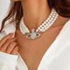 Collier Planète à Paillettes Multi-Couches Imitation Perle, Bijou Rétro en Forme d'Étoile Entièrement Pavé de Diamants pour Femme