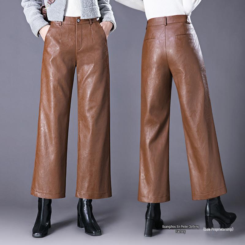 Women's High Waist Sheepskin Straight Leg Leather Pants - Slimming Nine-Point Wide Leg (Autumn/Winter 2025 Collection)
