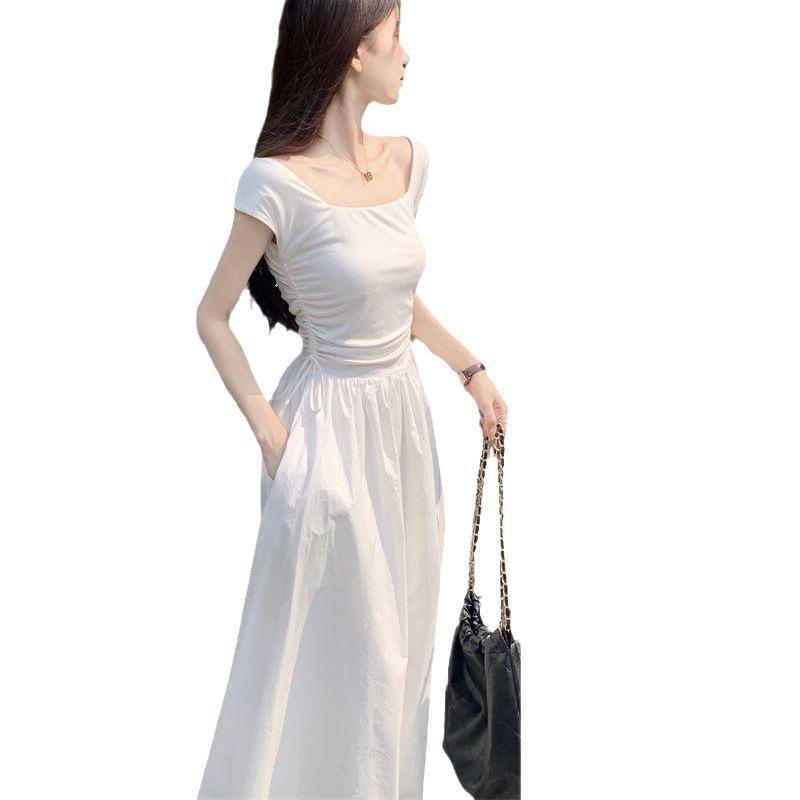 Solid Color Square Neck French Dress Long High Waist Thin Skirt Women's Summer Dress