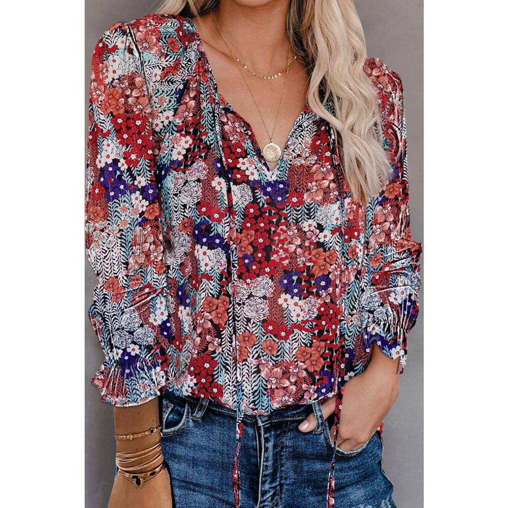 Fall Winter Women's V-neck Long Sleeve Floral Print Shirt Blouse Casual Top for European American Crossbody
