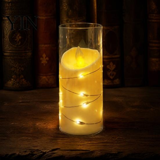 Realistic Flickering Candles for Christmas Flameless LED Candles, Battery Operated Acrylic Pillar with Embedded Wedding Table Centerpiece String, Fake