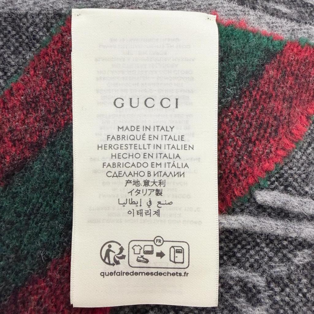 Great GUCCI Scarf GG Logo All-over Print Web Stripe Gray Wool 570603 Used