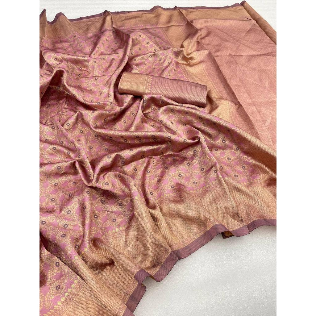 Seiden-Sari aus dem ALMAARI-Store ist mit wunderschönen Zari-Arbeiten in Form traditioneller Motive verziert