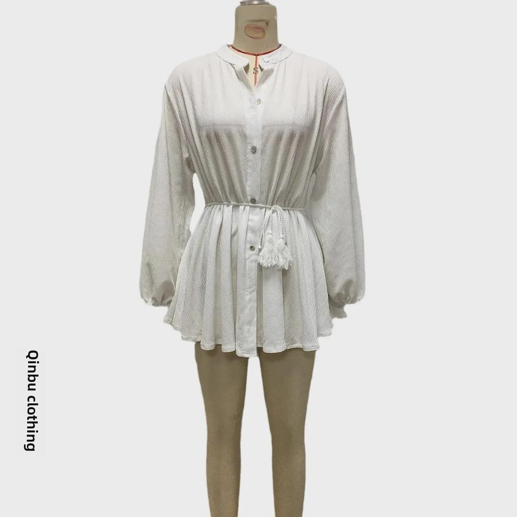 Women's 2025 White Lace-Up Button Ruffle Dress