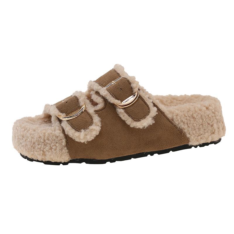 Thick-soled temperament fluffy shoes for women's 2025 new autumn fashion versatile outer wear one-pedal lazy cotton slippers