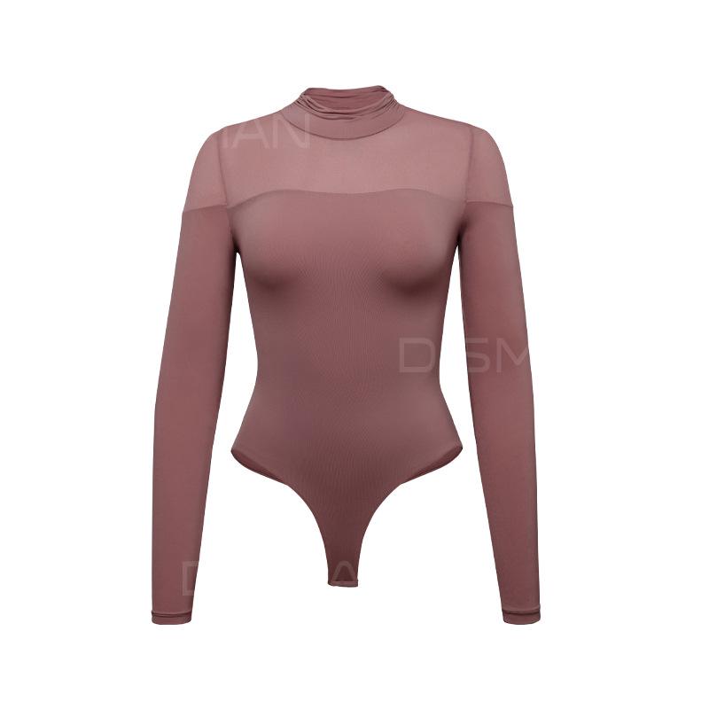 Sexy Mesh Patchwork Slim-Fit Bodysuit with High Neck and Long Sleeves