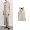 Spring New Arrival Workplace Work Clothing Office Lady Style Outwear Side Slit Plaid Pure Linen Suit Vest 6036575