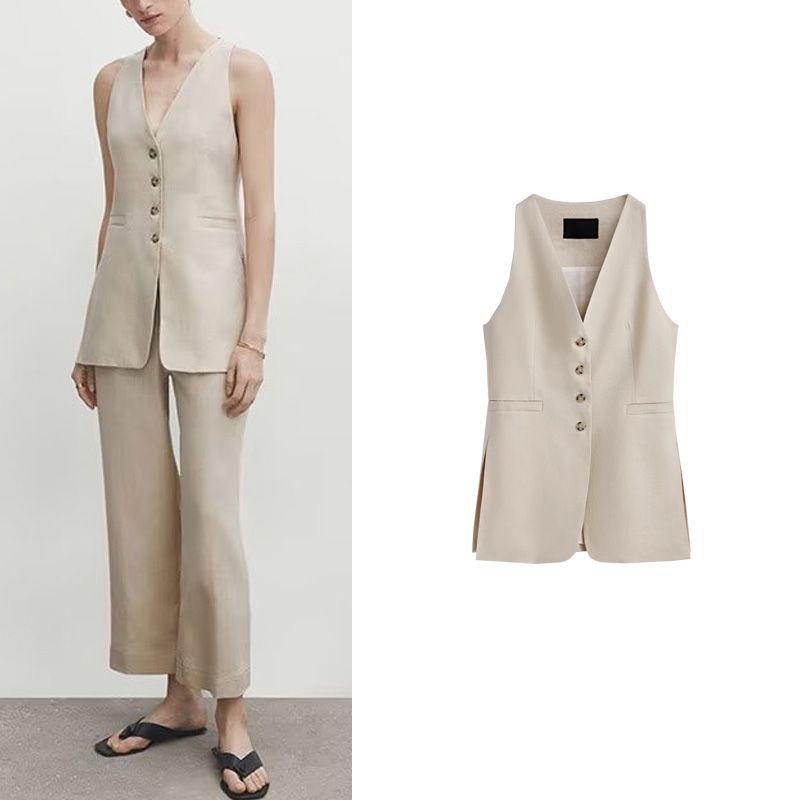 Spring New Arrival Workplace Work Clothing Office Lady Style Outwear Side Slit Plaid Pure Linen Suit Vest 6036575
