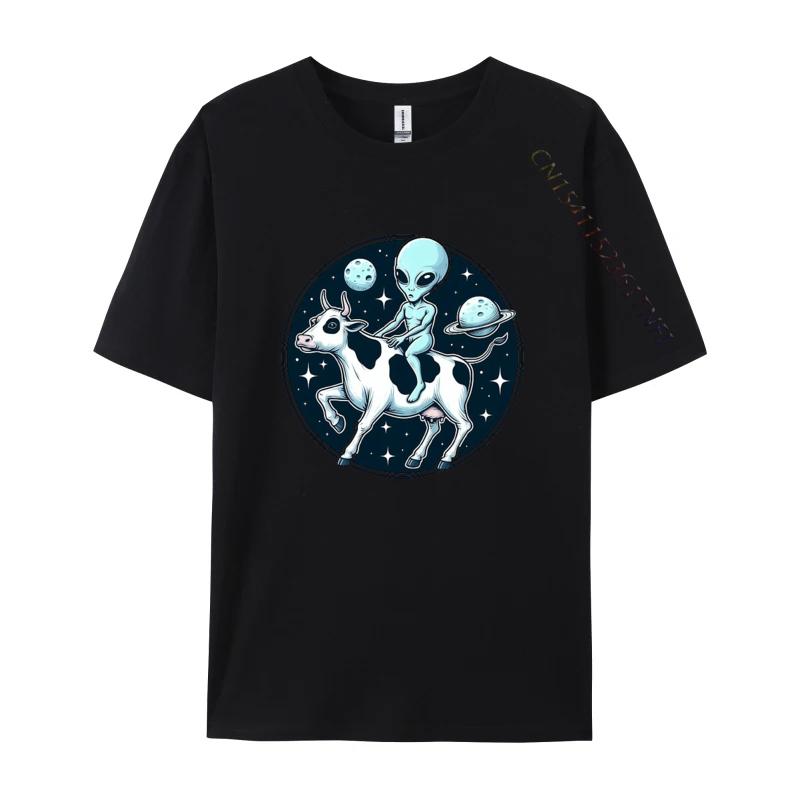 Alien Riding A Cow In Outer Space TShirt Graphic Tshirt Fitness Tight Tshirts Classic Cotton Men Casual