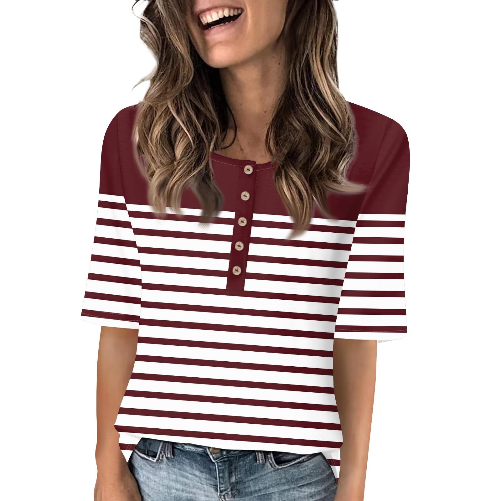 

Сорочки для жінок модні футболки на ґудзиках з круглим вирізом, повсякденні футболки з принтом, літні футболки, блузки, топи з рукавом до ліктя для жінок L винний