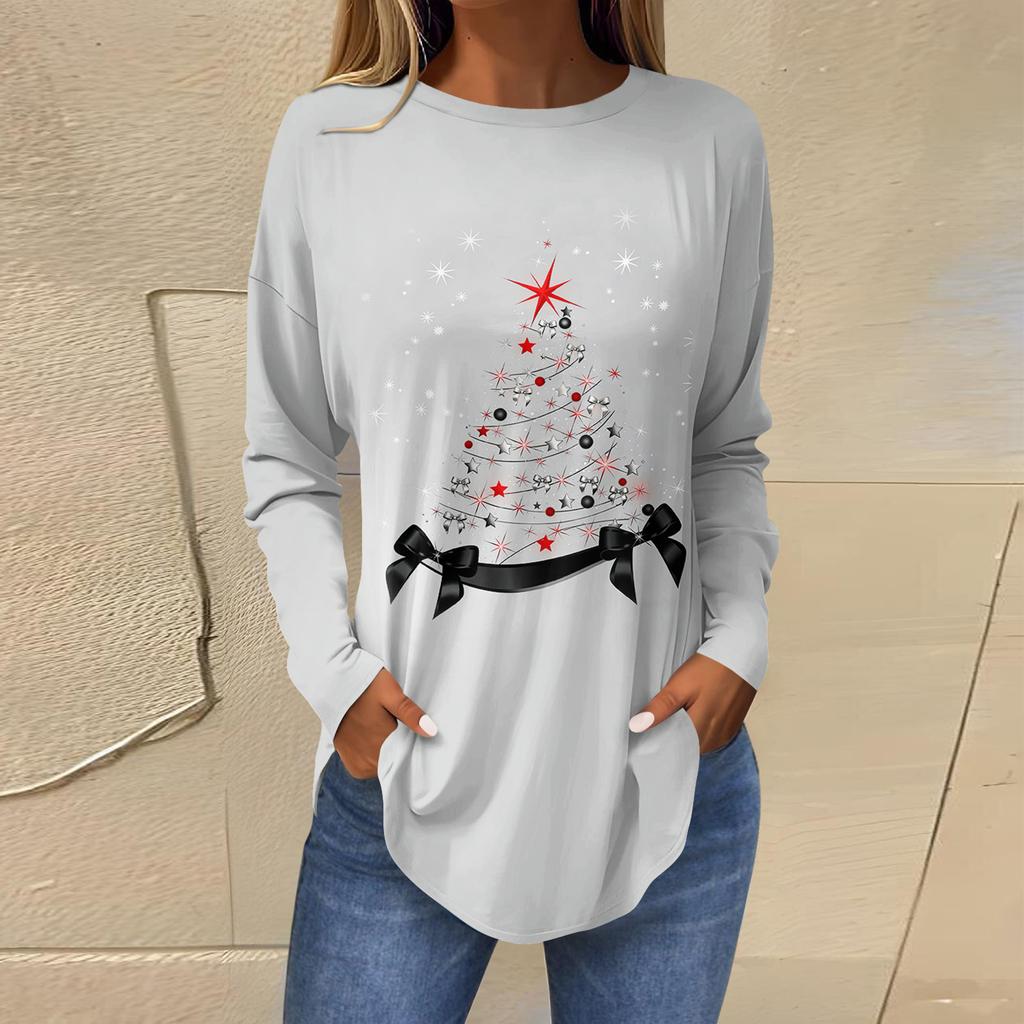 Dames Losse Comfortabele Casual Mode V-Hals Kerstprint Lange Mouw Hoodie