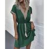 Women's Summer Dress, Spring and Summer Solid Color Short Sleeve Lace V-neck Waist-fitted Dress Casual Drawstring Waist Vacation Dress