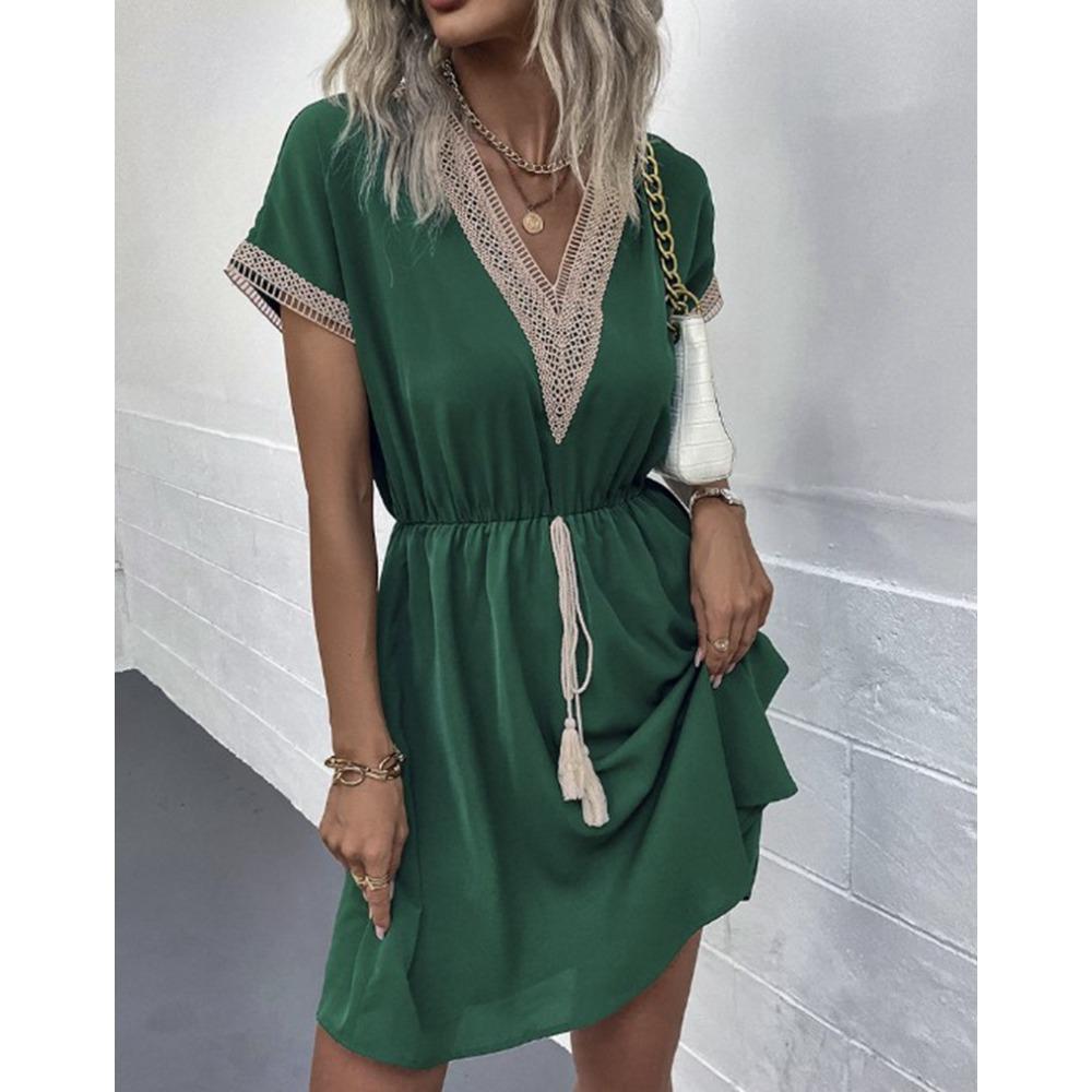 Women's Summer Dress, Spring and Summer Solid Color Short Sleeve Lace V-neck Waist-fitted Dress Casual Drawstring Waist Vacation Dress