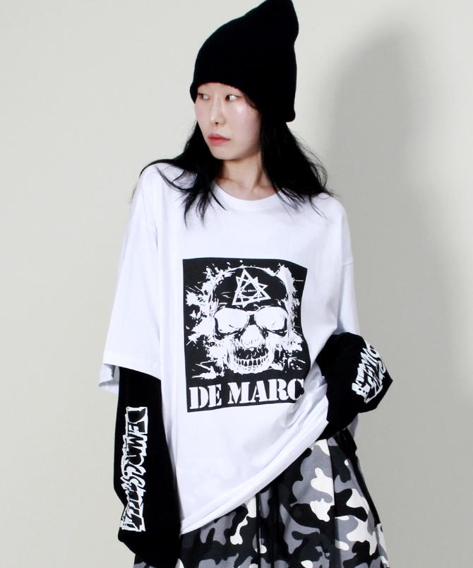 Deumakeu Skull Street Graphic Double Sleeve T-Shirt White