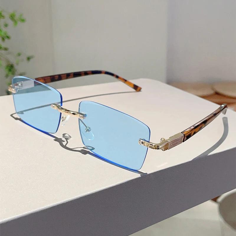 Rimless Rectangle Sunglasses Men New Fashion Vintage Casual Shades Women Trendy Retro Luxury Brand Design Sun Glasses