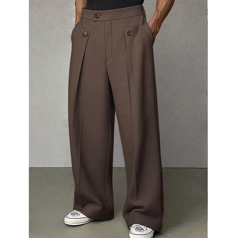 

Spring Autumn Fashion Men Casual Suit Pants Buttons High Waist Loose Straight Trousers Spring Business Soild Pant M коричневый