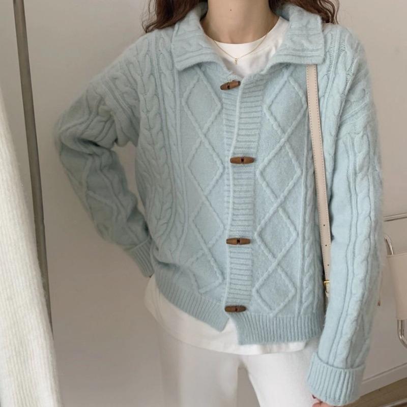 

Autumn and winter new lapel horn button sweater jacket women s soft waxy retro twist knitted cardigan top average size светло-синий