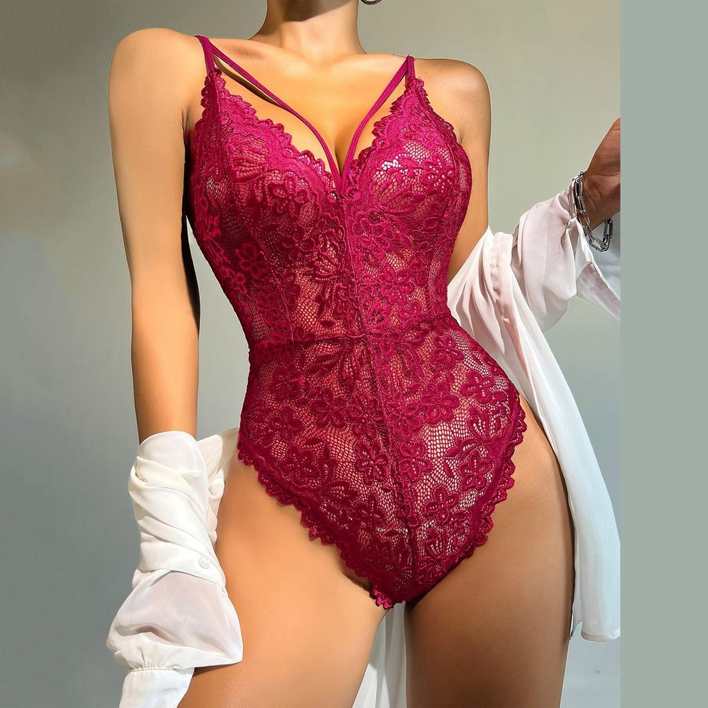 Women's Hollow Open Bra Bodysuit Slim Fit Erotic Mesh Lace Jumpsuit Bodysuit Crotchless Sexy Fashion Pajamas Woman