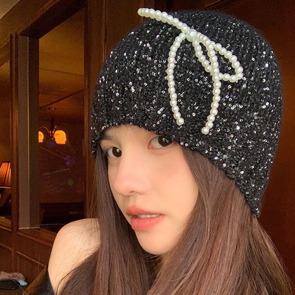 Pearl Bows Knitted Hat Elegant Ladies Hat Comfortable Soft Hat Shiny Glitter Hat for Men and Women