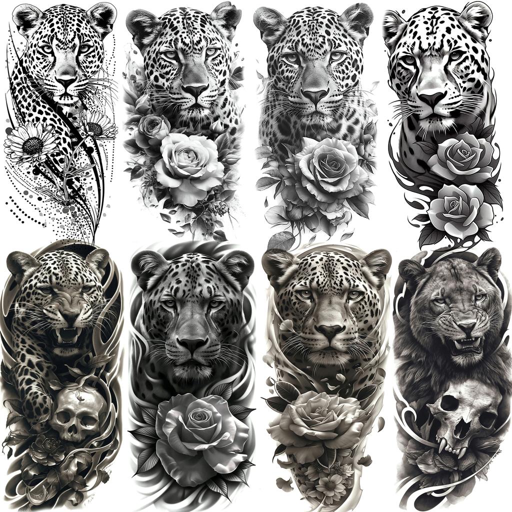 1 Sheet Cool Leopard With Rose Temporary Tattoos For Men Women Adults, Long Lasting Realistic Waterproof Fake Tattoo Sticker