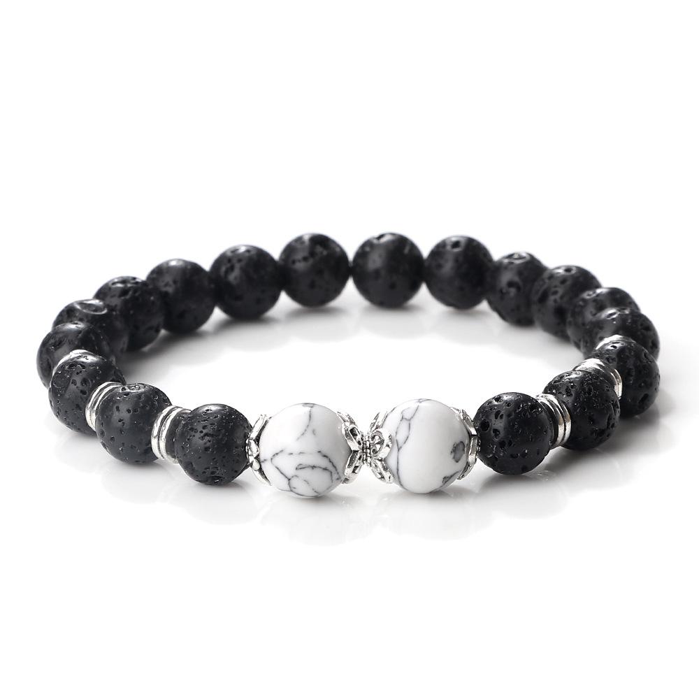 8mm Volcanic Lava Stone Bracelet with Silver Flower Bead Spacer - Unisex Jewelry