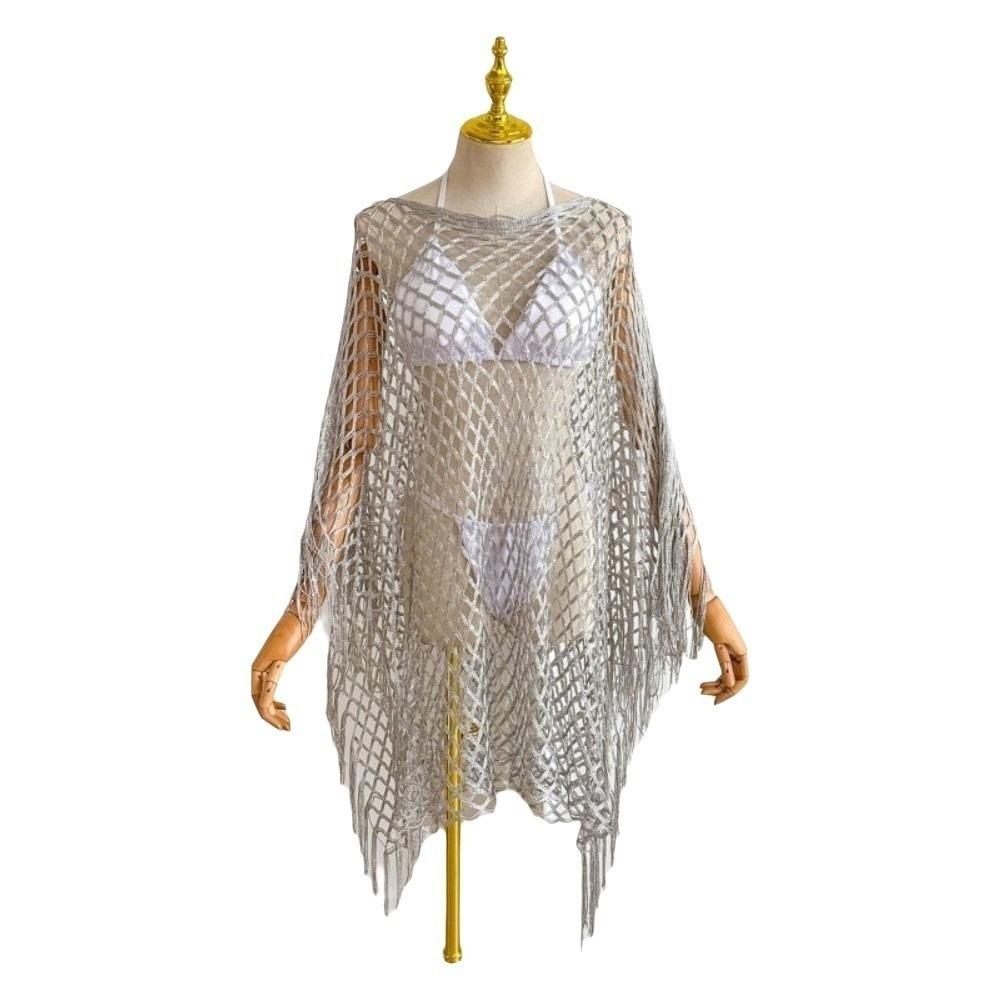 Tassel Sunscreen Cover-up Loose Fit Knit Hollow Out Top Fashion Fishnet Swimsuit Cover Up  Vacation