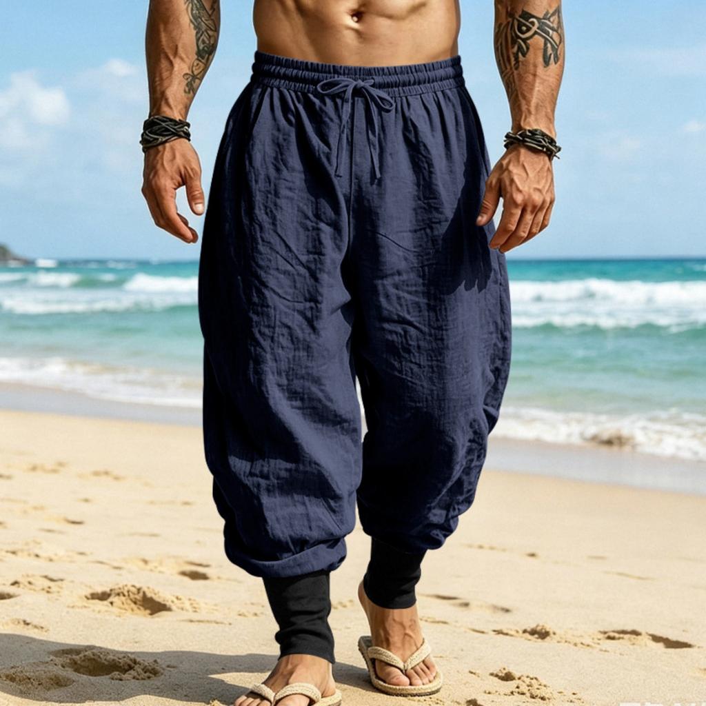 Men Linen Jogger Pants Loose Fit Drawstring Waist Breathable Tapered Leg Cuffed Hem Casual Beach Holiday Trousers