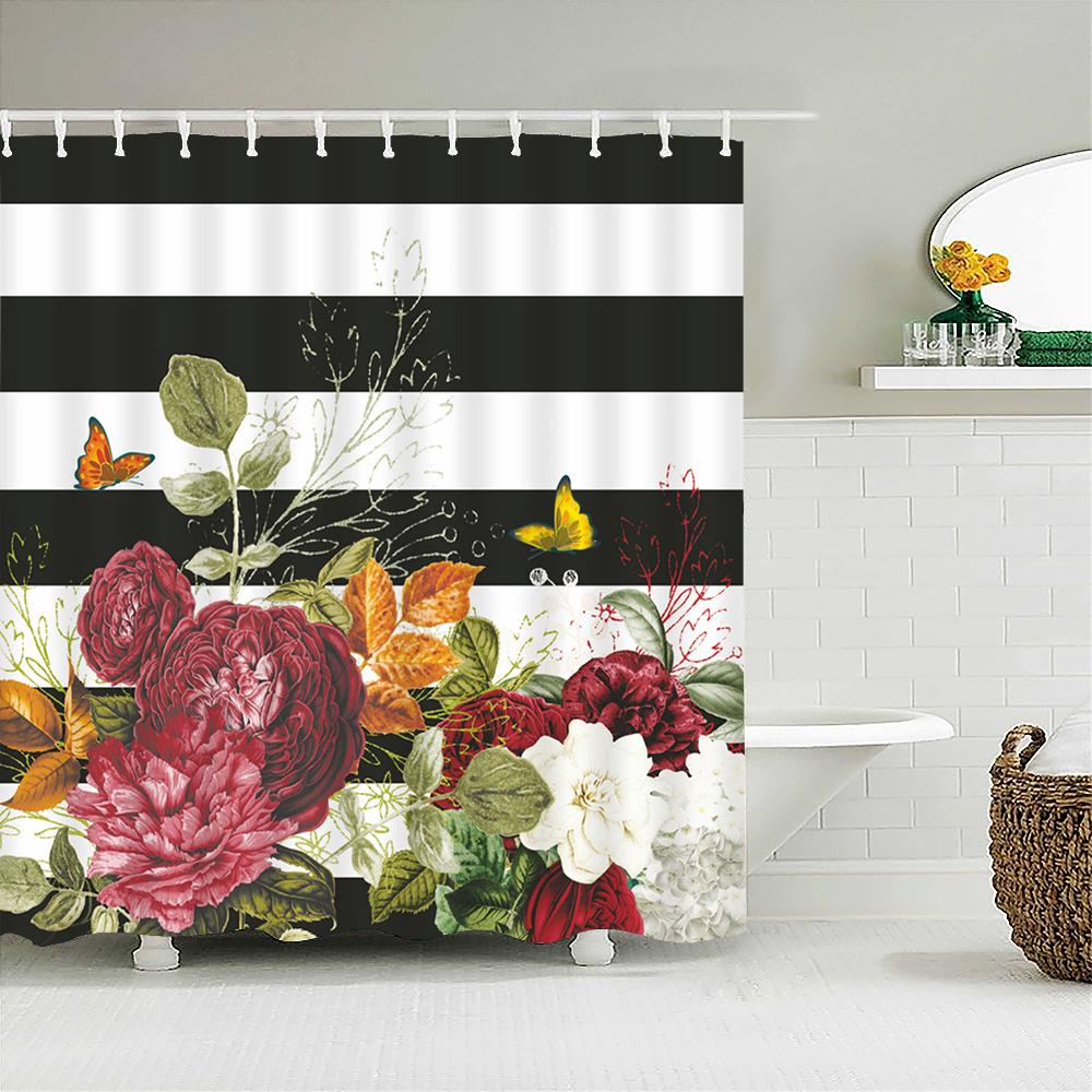 Black White Stripes Flowers Butterfly Pattern Shower Curtain 3D Bath Screen Waterproof Fabric Bathroom Decor Shower Curtains