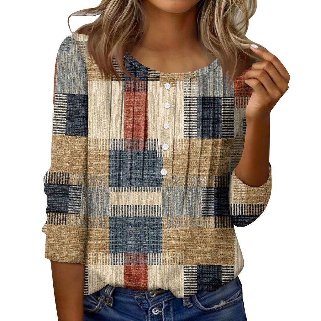 Women's Round Neck Pull Stripe Decorative Button Top Casual Solid Color 3/4 Sleeve T Shirt