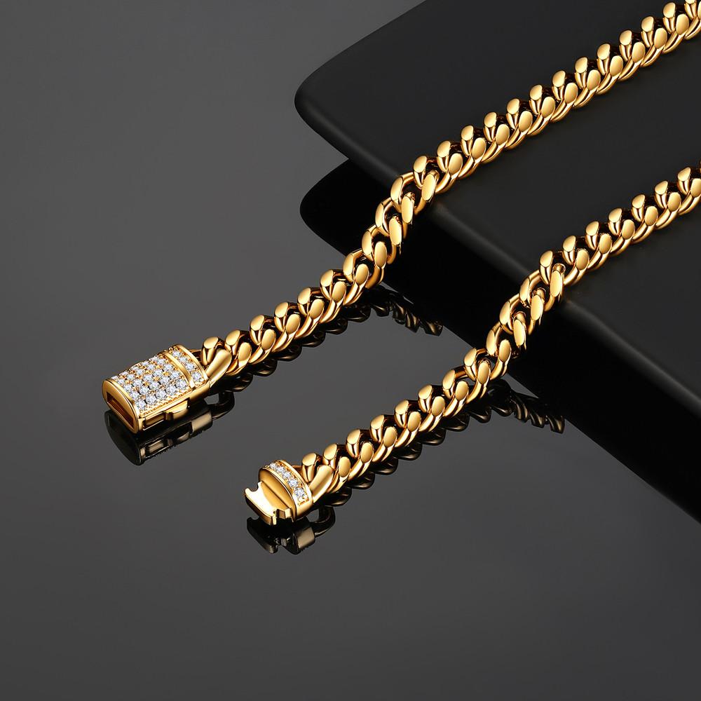 Gold Necklace Jewelry Stainless Steel Diamond Clasp Cuban Link Gold Plated Chain for Men