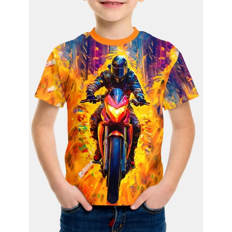 Summer Round Neck 3D Printed Motorcycle Rider Pattern Top Fashionable Casual Short Sleeved Children's Boy T-shirts